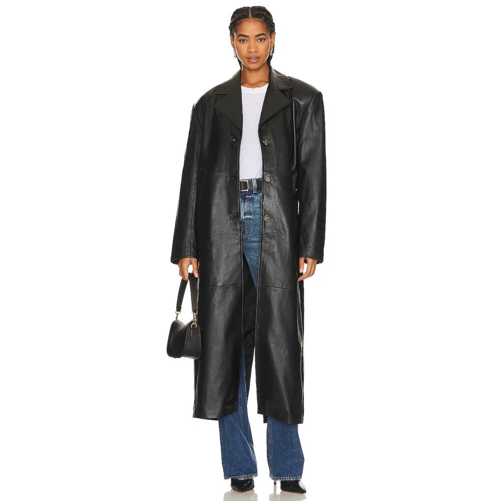 NWT GRLFRND The Long Leather Coat in Black Medium Oversized Maxi Matrix